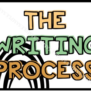 May include: A colorful poster with black outlines that reads "THE WRITING PROCESS". The words are in a rainbow pattern with green, orange, and yellow colors.
