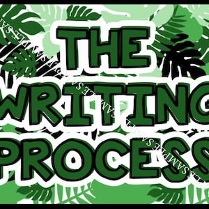 May include: Green and white graphic with the text "THE WRITING PROCESS" in bold, green letters with black outlines. The background is a pattern of green and white leaves.