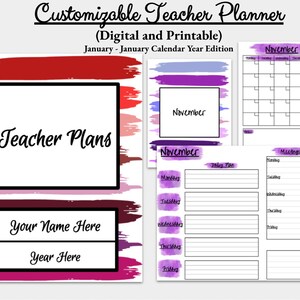 Puede incluir: Un planificador de profesor imprimible con un fondo de acuarela en tonos de morado y rojo. El planificador incluye un calendario, un horario diario y páginas de notas. El texto "Teacher Plans" aparece en la portada.