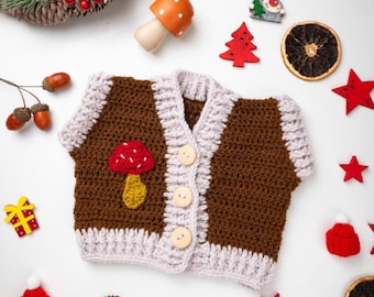 Kamizelka szydełkowa dla dzieci z motywem grzybów, ręcznie robiony sweterek dla maluchów Forest Core, dziecięca kamizelka boho Woodland, prezent dla noworodka do 10 lat dla chłopca