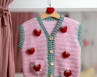 Szydełkowa kamizelka dla dzieci z truskawkami, ręcznie robiony sweterek dla maluchów Forest Core, dziecięca kamizelka boho Woodland, prezent dla noworodka do 10 lat dla dziewczynki i chłopca