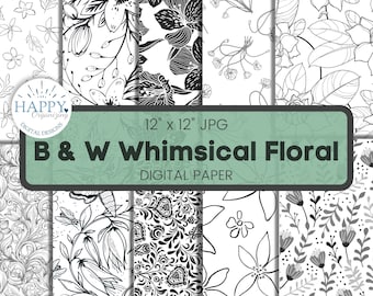 Whimsical Floral Digital Paper, Black and white Paper, Flowers, Scrapbook Paper, B&W, Floral