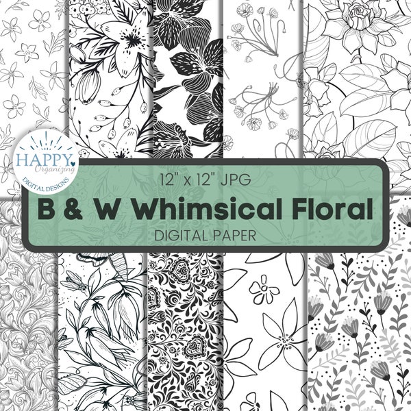 Whimsical Floral Digital Paper, Black and white Paper, Flowers, Scrapbook Paper, B&W, Floral