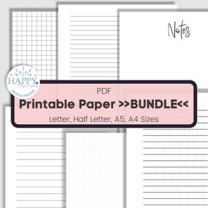 Puede incluir: Un paquete de papel imprimible digital en formato PDF. El paquete incluye papel rayado, cuadriculado, punteado y en blanco en los tamaños Letter, Half Letter, A5 y A4. El texto "Printable Paper >>BUNDLE<<" se muestra en un rectángulo rosa.