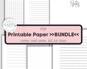 May include: A digital printable paper bundle in PDF format. The bundle includes lined, grid, dotted, and blank paper in Letter, Half Letter, A5, and A4 sizes. The text "Printable Paper >>BUNDLE<<" is displayed in a pink rectangle.