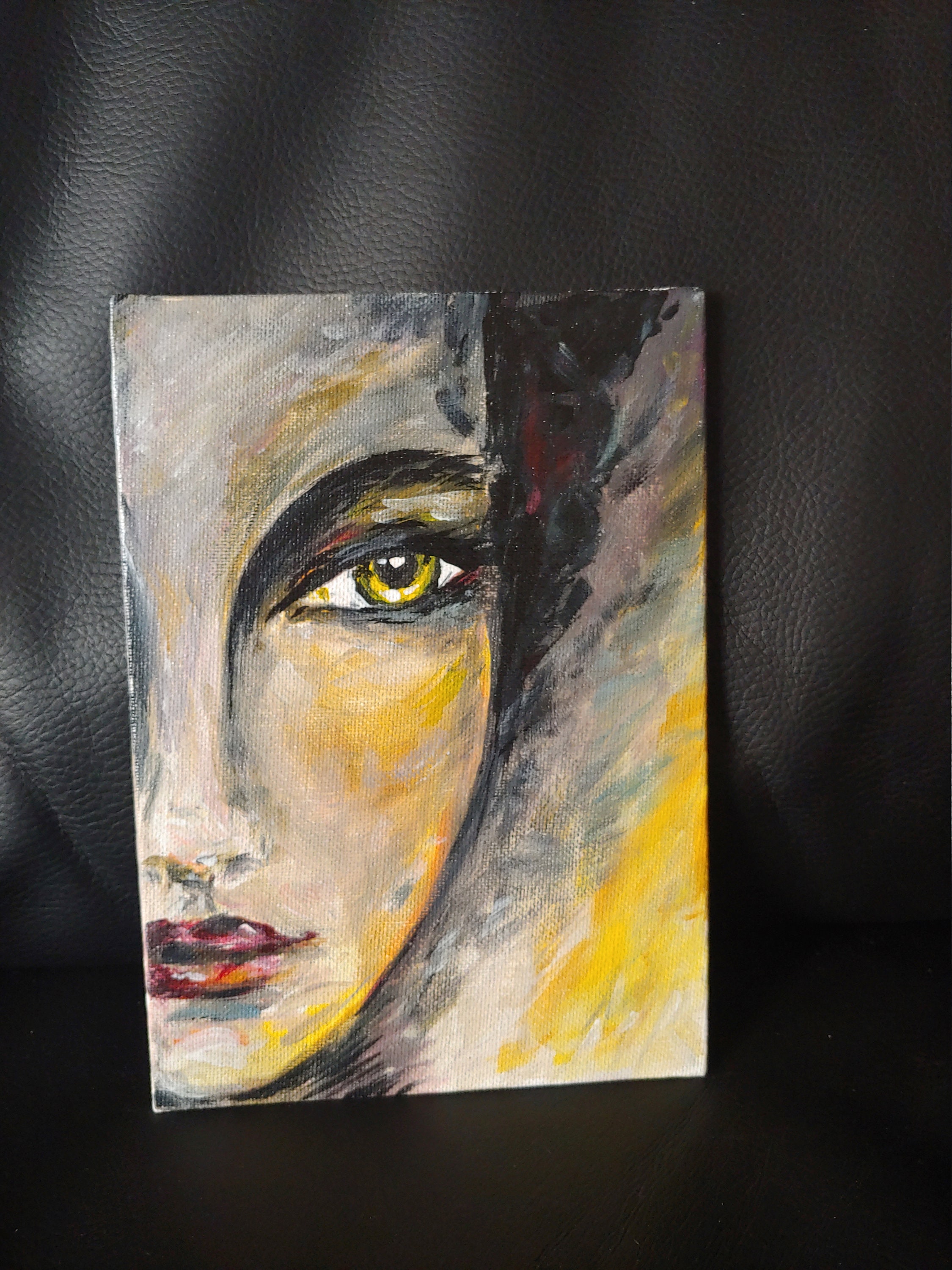 Blue Eyed Woman With a Halo. Original Acrylic 5x7 Painting on