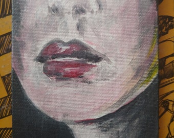 Original Real Acrylic Painting Half Face Woman Portrait  Original Art Red Lips Artwork Canvas 4x6  Small Painting Art Pink Gift Black