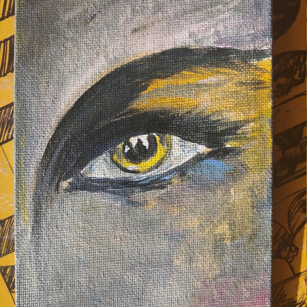 Real Painting Half Face Woman Acrylic Portrait Cat Eyes Original Art Big Eyes Artwork Canvas 4x6  Small Painting Art Yellow Eye Black Gift