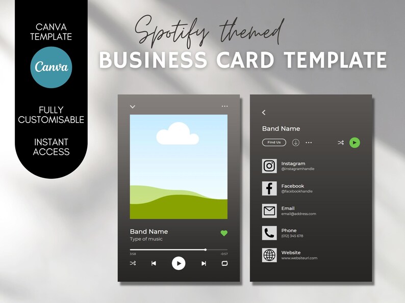 May include: A dark gray business card template with a Spotify-themed design. The left side features a music player interface with a landscape image of a green hill and a blue sky. The right side includes contact information for a band, including their name, social media handles, email address, phone number, and website.