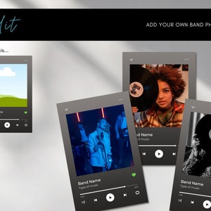 May include: Three different music player mockups with a gray background. The first mockup has a blue sky and green hills. The second mockup has a woman singing in a blue light. The third mockup has a person holding a black vinyl record. Each mockup has a play button, a volume control, and a heart icon.