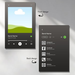 May include: A black and green music player business card with a play button, social media icons, and contact information. The front of the card features a stylized image of a landscape with a cloud.
