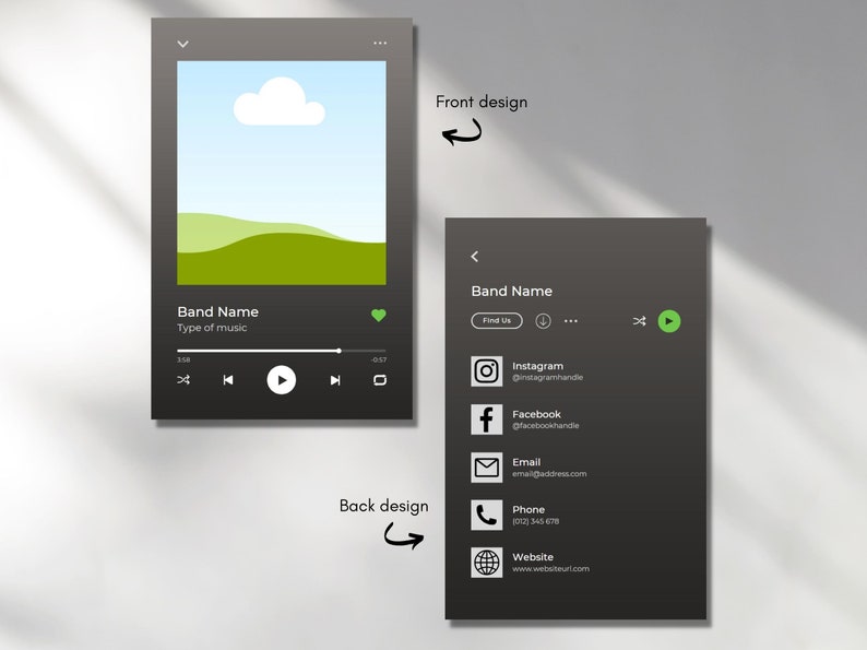 May include: A black and green music player business card with a play button, social media icons, and contact information. The front of the card features a stylized image of a landscape with a cloud.