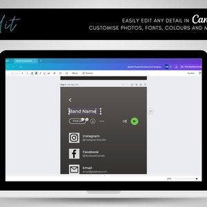 May include: A screenshot of a laptop screen showing a Canva design template for a business card. The template is for a band and includes a place to add the band name, find us information, and social media links. The text on the screen reads "Band Name", "Find Us", "Instagram", "Facebook", and "Email".