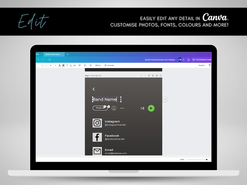 May include: A screenshot of a laptop screen showing a Canva design template for a business card. The template is for a band and includes a place to add the band name, find us information, and social media links. The text on the screen reads "Band Name", "Find Us", "Instagram", "Facebook", and "Email".