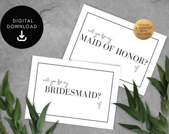 Bridesmaid & Maid of Honor Proposal Cards Modern Minimalist Design PRINTABLE Instant Download