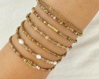 Stainless steel bracelet with natural landscape jasper gemstones and gold charms