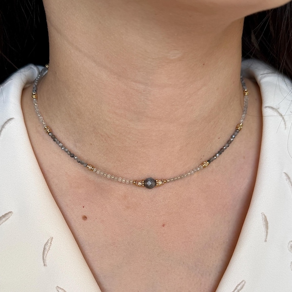 Stainless steel necklace with two-tone round natural stones and gold charms