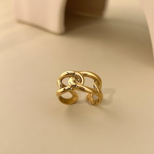 Adjustable stainless steel ring with large smooth gold mesh