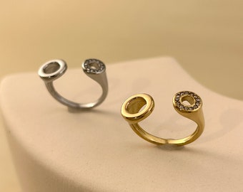 Bague en acier inoxydable réglable deux anneaux en zircon et lissé doré argenté