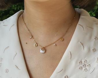 Collier en acier inoxydable fin avec breloque pampille ronde, étoile et des pierres naturelles pierres semi précieuses à facettes doré