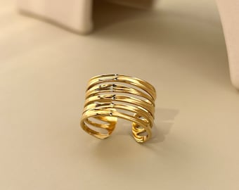 Bague en acier inoxydable réglable plusieurs rangs lissé épaisse doré