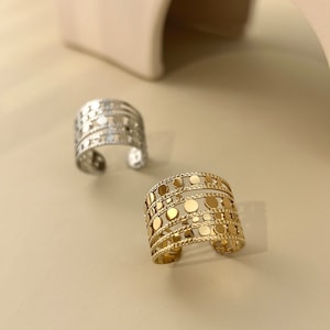 Thick adjustable stainless steel ring with golden silver lace
