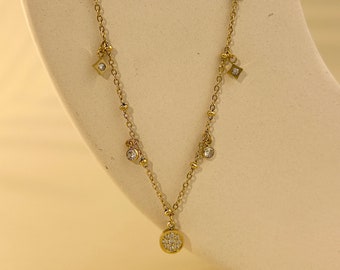 Fine stainless steel necklace with round and diamond zirconium medallion charms
