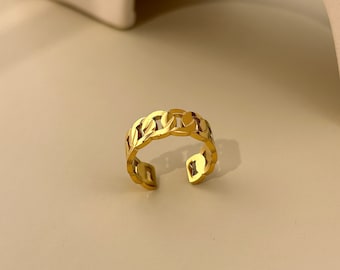 Adjustable stainless steel ring with large smoothed and gold link