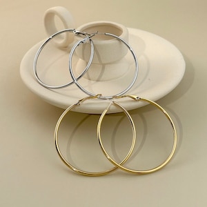 May include: Two pairs of hoop earrings, one pair is silver and the other pair is gold.