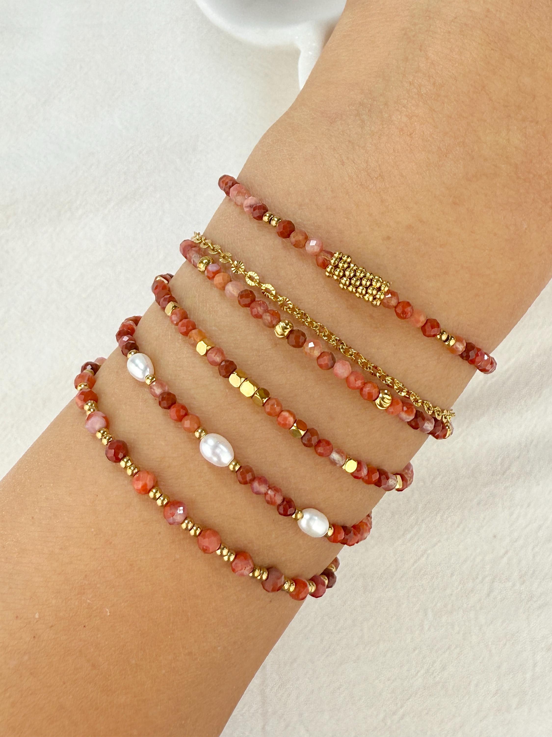 Bracelet Femme Perles Cornaline Rouge & Perles Tibétaines Bronze - Vintage Bohème - Neuf Avec étui