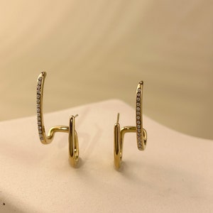 Creole earring in double row stainless steel with gold silver zircon