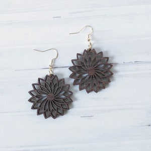 Geometric Flower Earrings, Laser Cut, Walnut, Wood Earrings