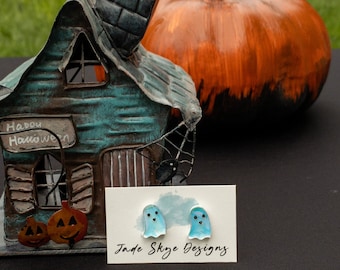 Iridescent Ghost Stud Earrings, Halloween Jewelry, Spooky Studs, Fall Earrings