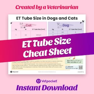 May include: A pink and purple cheat sheet with the title "ET Tube Size Cheat Sheet" for veterinarians. The cheat sheet provides a guide for determining the correct size of endotracheal tubes for cats and dogs based on their weight in kilograms and pounds.