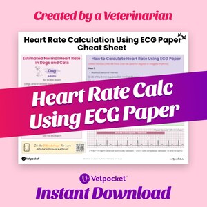 May include: A pink and white printable cheat sheet for calculating heart rate using ECG paper. The cheat sheet includes a chart with a heart rate calculation example and a table with estimated normal heart rates for dogs and cats. The text "Heart Rate Calc Using ECG Paper" is in a large, bold font.