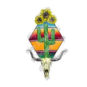 May include: A green cactus with three yellow sunflowers on top, set against a colorful diamond-shaped pattern reminiscent of a Mexican blanket. A white bull skull with horns is below the cactus.