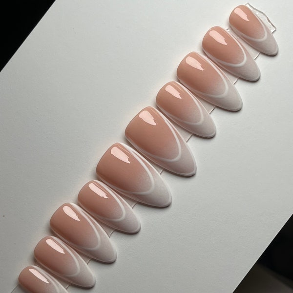 Classy Nude Ombré French Tip Outline Almond Press On Nails| Simple Nails| Press Ons| Nude Nails