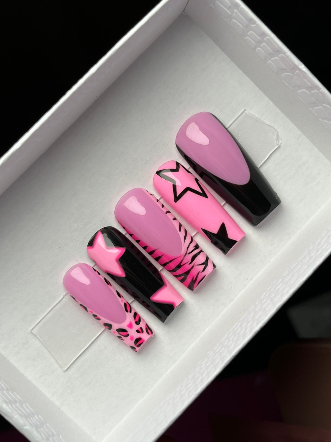 Y2K Baddie Pink&black French Tip Press on Nails Animal Print Nails ...