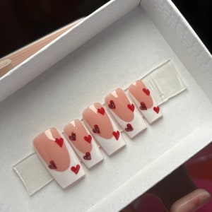 French Tip Red Hearts Press On Nails| V Day Nails| Press Ons| Valentines Day Nails