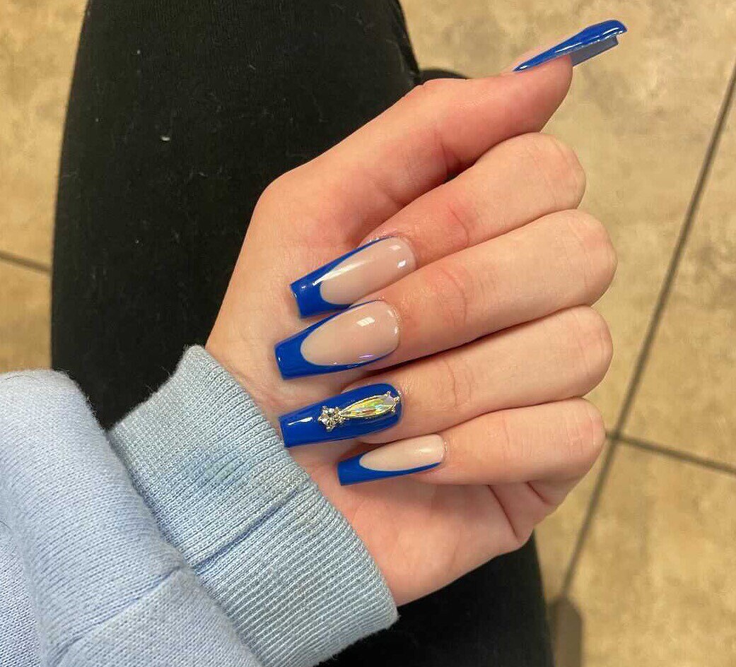 10 Pc Royal Blue French Tip Press on Nails Planet Charms - Etsy