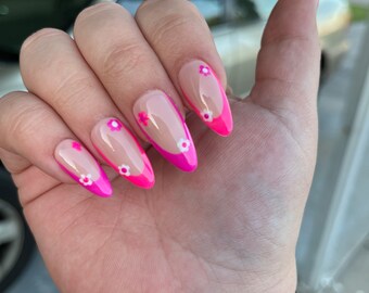 Girly Pink Flowers Press On Nails|Pink Nails |Spring Nails| French Tip Nails| Press Ons
