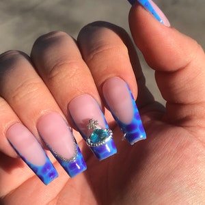 Blue Pink Crocodile Print French Tip Press On Nails | Trendy Charms |Reflective Gel|Croc Nails| Planet charm|customizable Nails| Press Ons