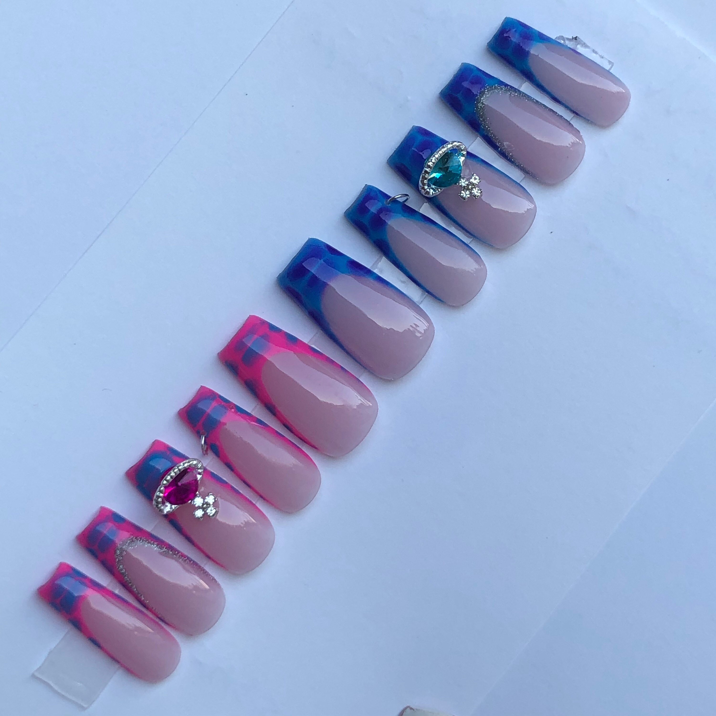 3D Blue Croc French Tip Press on Nails Charms Press on Nails Long Nails  French Tip Nails Croc Nails Luxury Nails Bling Nailstie Dye 