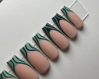 Sage Green Swirl French Tip Press On Nails| Press Ons| Summer Nails| Green Nails