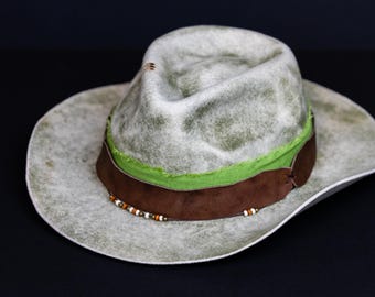 Handmade Wool Felt Fedora Hat – Green & Brown Leather Band Unisex Boho Hat