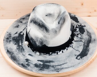 Handmade Black and White Fedora: Merino Wool Felt Wide Brim Hat