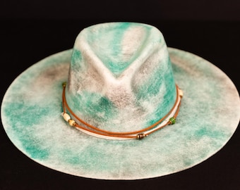 Handmade Turquoise Wool Fedora Hat – Boho Palm Tree Leather Cord