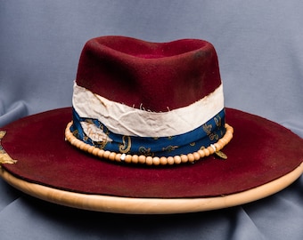 Handmade Burgundy Fedora: Wide Brim Merino Wool Felt Hat