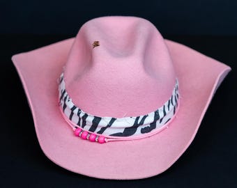 Handmade Pink Wool Fedora Hat – Zebra Band Boho Cowgirl Style