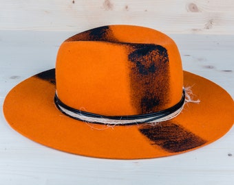 Handmade Orange Merino Wool Fedora: Unisex Wide Brim Felt Hat